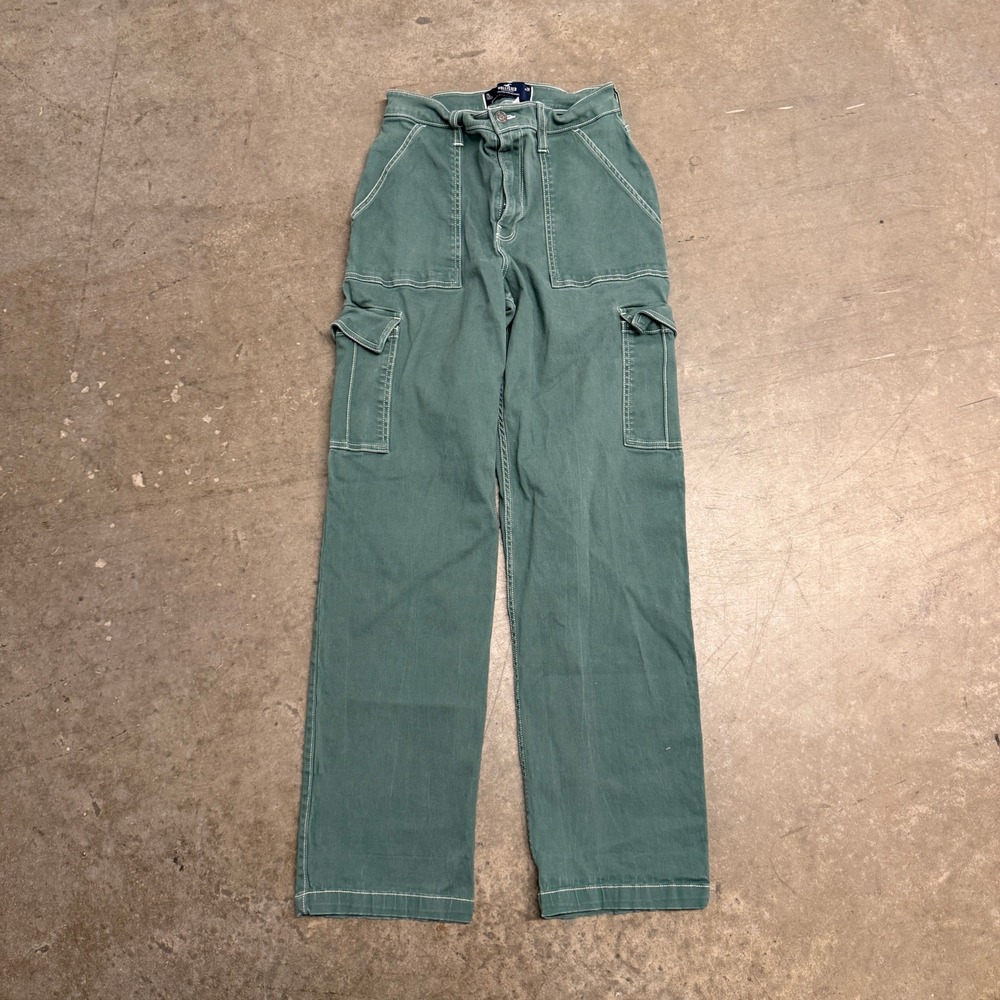 Hollister Ultra High-Rise Dad Pants Green Cargo Straight Leg Contrast Stitch 7L
